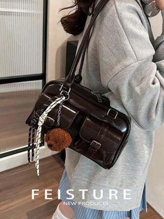 1 peça FEISTURE Bolsa de boliche multifuncional de couro sintético de cor sólida, bolsa de ombro e axila para mulheres, inclui acessório de enfeite de coleira para cachorro, adequada para compras, encontros, presentes, adolescentes, universitárias, mulheres de escritório, presente perfeito para o Dia dos Namorados para ela, a melhor escolha de presente de Dia dos Namorados de todos os tempos