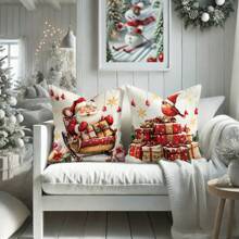 4 件装圣诞节圣诞老人雪人礼物球天鹅绒抱枕套农舍可爱红色绿色舒适柔软装饰枕套单面印花 18 英寸 * 18 英寸适用于圣诞节冬季客厅卧室沙发床装饰（无枕芯） - 紅色 - 查看 4