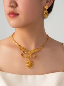 2pcs 24K Gold Dubai Style Fashion Jewelry Set - Necklace And Earrings For Women - Gold - View 2