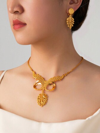 2st 24K guld Dubai Style Fashion Smycken Set - Halsband och örhängen för kvinnor