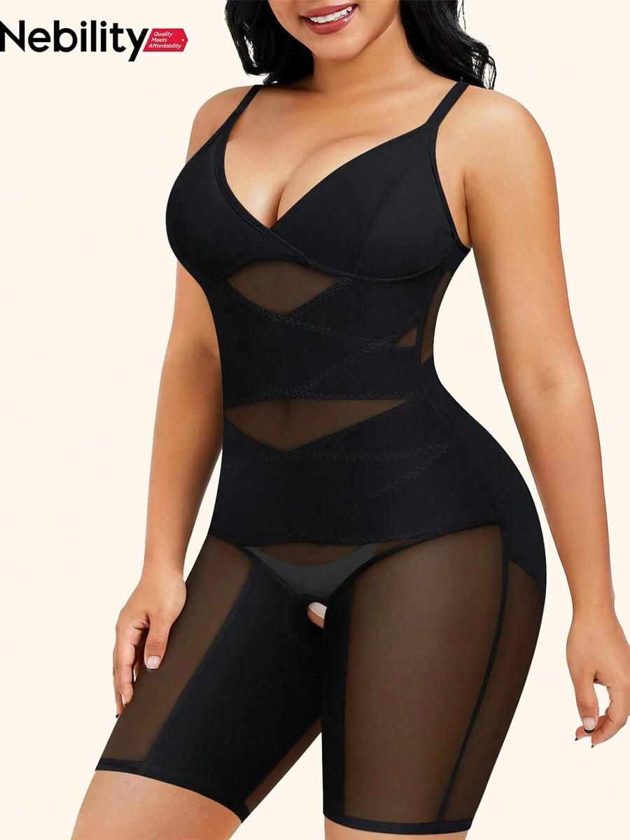 Nebility Bodysuit Shapewear For Women Tummy Control Butt Lifter Full Body Shaper Seamless Thigh Slimmer Faja V-Neck Jumpsuit - 黑色 - 查看 1