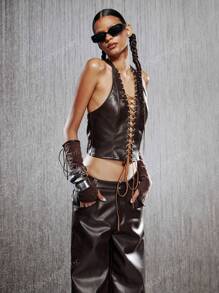 Low-Rise Distressed Wide-Leg PU Leather Pants