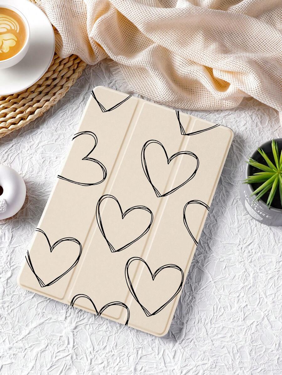 1 件黑色简约心形印花平板电脑保护壳，兼容 iPad 10.2 英寸，兼容 iPad Pro 11 英寸 2021/2020/10 代，兼容 iPad Mini 4/5/6，兼容三星 Galaxy Tab A8 10.5 英寸 2022、Matepad 10.4 英寸/Tab，带铅笔槽，自动睡眠/唤醒功能 - 彩色 - 查看 1