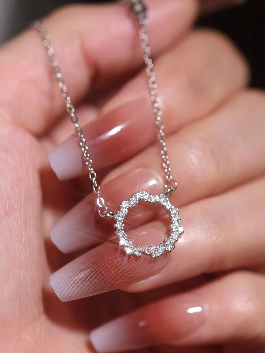 1 chiếc vòng cổ mặt tròn đính đá Cubic Zirconia mạ bạc Sterling 925 thời trang tối giản, thích hợp để đeo hàng ngày - Bạc - Xem 1