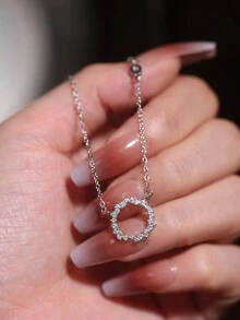 1 chiếc vòng cổ mặt tròn đính đá Cubic Zirconia mạ bạc Sterling 925 thời trang tối giản, thích hợp để đeo hàng ngày - Bạc - Xem 2