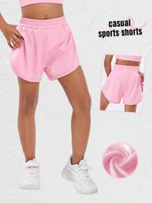 1 pieza Pantalones cortos deportivos elásticos en la cintura, transpirables y de secado rápido, adecuados para ejercicio, gimnasia, tenis, ciclismo, correr, para niñas preadolescentes