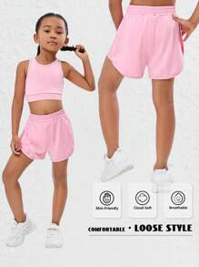 1 pieza Pantalones cortos deportivos elásticos en la cintura, transpirables y de secado rápido, adecuados para ejercicio, gimnasia, tenis, ciclismo, correr, para niñas preadolescentes