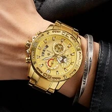 Relógios WWOOR para Homens, Marca de Top, Moda Luxuosa, Relógio Quartz de Aço Inoxidável Dourado, Impermeável, Esporte Cronógrafo - Dourado - Visão 1
