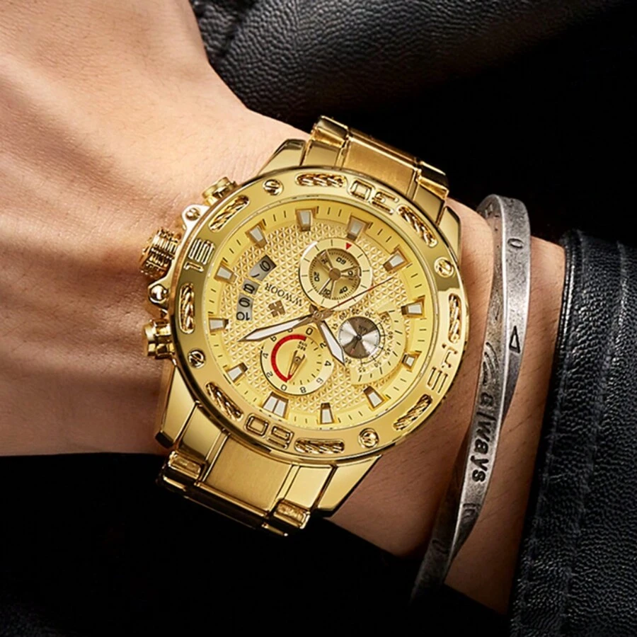 Relógios WWOOR para Homens, Marca de Top, Moda Luxuosa, Relógio Quartz de Aço Inoxidável Dourado, Impermeável, Esporte Cronógrafo - Dourado - Visão 1