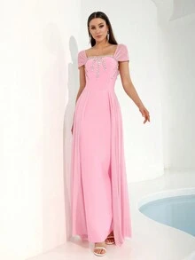 Modphy 2024 秋冬新款女士粉色性感短袖水晶网眼绷带拼接长款晚礼服派对 - 粉色 - 查看 4