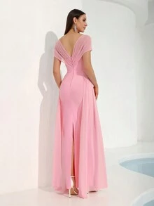 Modphy 2024 秋冬新款女士粉色性感短袖水晶网眼绷带拼接长款晚礼服派对 - 粉色 - 查看 6