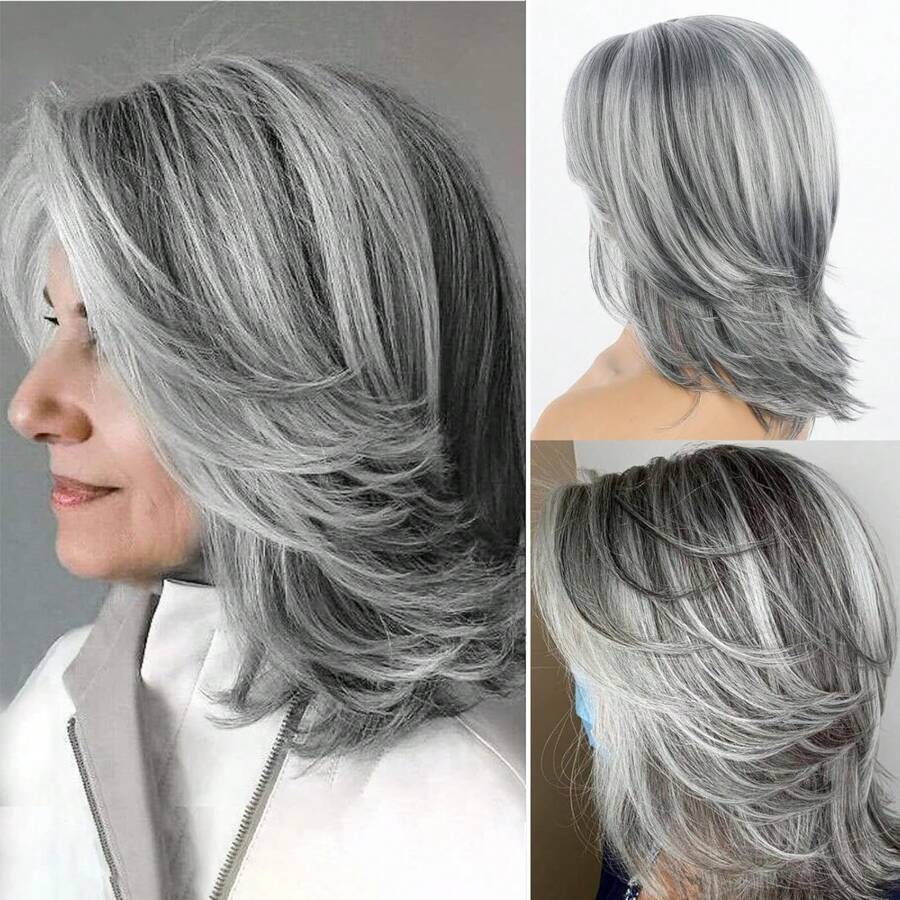 KRSI Silver Gray Ombre Layered Wigs With Curtain Bangs For Women Synthetic Short Light Grey Wig Layered Gray Wavy Bob Wig Highlight Grey Curly Bob Wig For Women Silver Grey Wig - 銀灰 - 查看 1