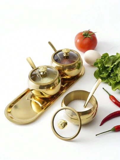 3件套不锈钢调味罐套装，家用盐和辣椒粉香料收纳罐，厨房用品，含1个9厘米小罐