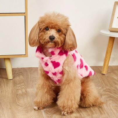 秋冬兔毛外套，心形图案设计，D 形环牵引绳附件，加厚保暖