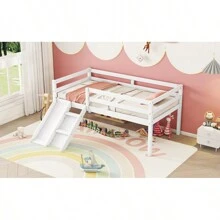 Twin Low Loft Bed With Slide, Ladder, Safety Guardrails, No Box Spring Needed, White