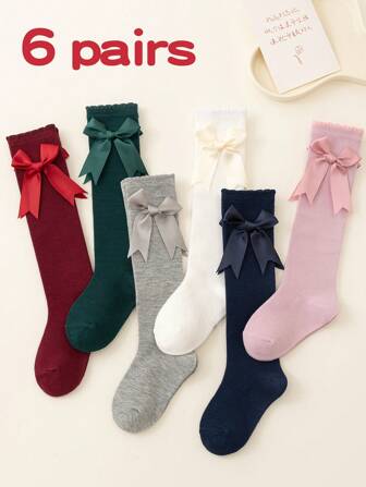 6 Pairs (Mixed 6 Colors) Girls Handmade Bow Lace Edge Princess Style Knee High Socks, Red, Dark Green, Pink, White, Gray, Navy Blue