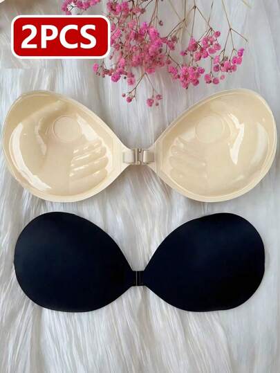 Two Pieces Set Of New Women's Invisible Gathering Disposable Thickened 3cm Palm Cup Adhesive Bra, One Black Apricot Color Each Underwear Accessory