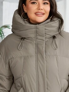 GASMAN Plus Size Padded Coat With Pockets, Zipper Front, Drawstring Hood