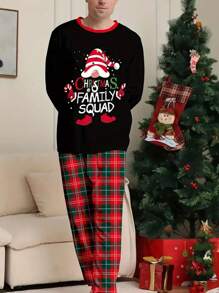 2 pièces Ensemble de pyjama de Noël à carreaux décontracté pour hommes, Top à manches longues et col rond avec motif "Joyeux Noël' et bois de cerf, et pantalon ample pour dormir