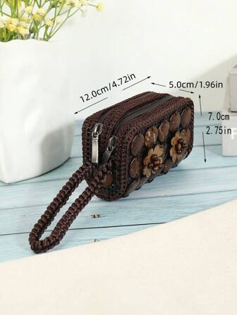 Mini Geldbörse mit Kokosschale und Blumen Dekor, Handtasche mit Hibiskus-Motiv, westliche Geldbörse