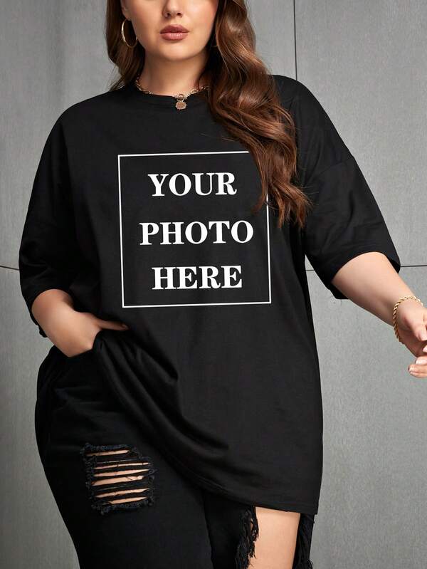 Customized Photo/Couple/Family/Best Friend/Pet Photo Printed Plus Size Women T-Shirt, Personalized Design For Halloween, Back To School, Christmas, Birthday, Valentine's Day, Father's Day, Party, Loose Fit Round Neck Casual Tee, Black, Autumn,Customized Plus Size Women Tops,Fall New Style Women
