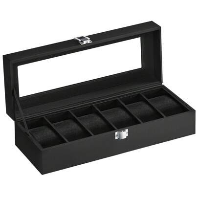  SONGMICS Caja de Relojes, Estuche con 6 Compartimentos, Cojín de Terciopelo, Cerradura, 11.2 x 30 x 8 cm, Negro y Negro