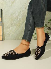 2024 Spring & Autumn New Pointed Toe Embroidered Butterfly Low Heel Flat Shoes For Women, Suede Casual Loafers
