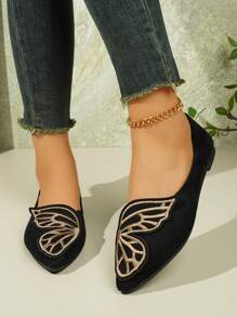 2024 Spring & Autumn New Pointed Toe Embroidered Butterfly Low Heel Flat Shoes For Women, Suede Casual Loafers