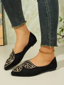 2024 Spring & Autumn New Pointed Toe Embroidered Butterfly Low Heel Flat Shoes For Women, Suede Casual Loafers