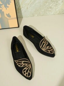 2024 Spring & Autumn New Pointed Toe Embroidered Butterfly Low Heel Flat Shoes For Women, Suede Casual Loafers