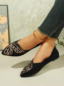 2024 Spring & Autumn New Pointed Toe Embroidered Butterfly Low Heel Flat Shoes For Women, Suede Casual Loafers