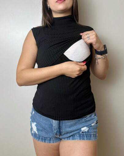 Blusa Amamentação Gola Alta Canelado Sem Manga Gestante