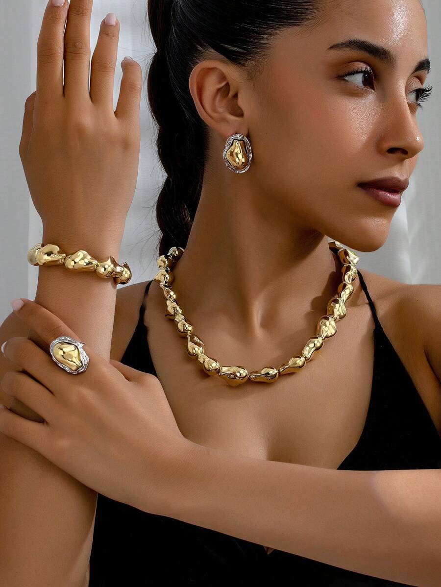 1 Set Of 2024 European And American Style Sweet, Cool, Cold, Light Luxury, Niche High-End Feeling, New Asymmetrical Shaped Bead Necklace Bracelet Earring Set, Elegant And High-End Feeling, Collarbone Chain Simple And Exquisite, And Women's Banquet Parties, Daily Commuting Wear - Jewelry Set - View 1