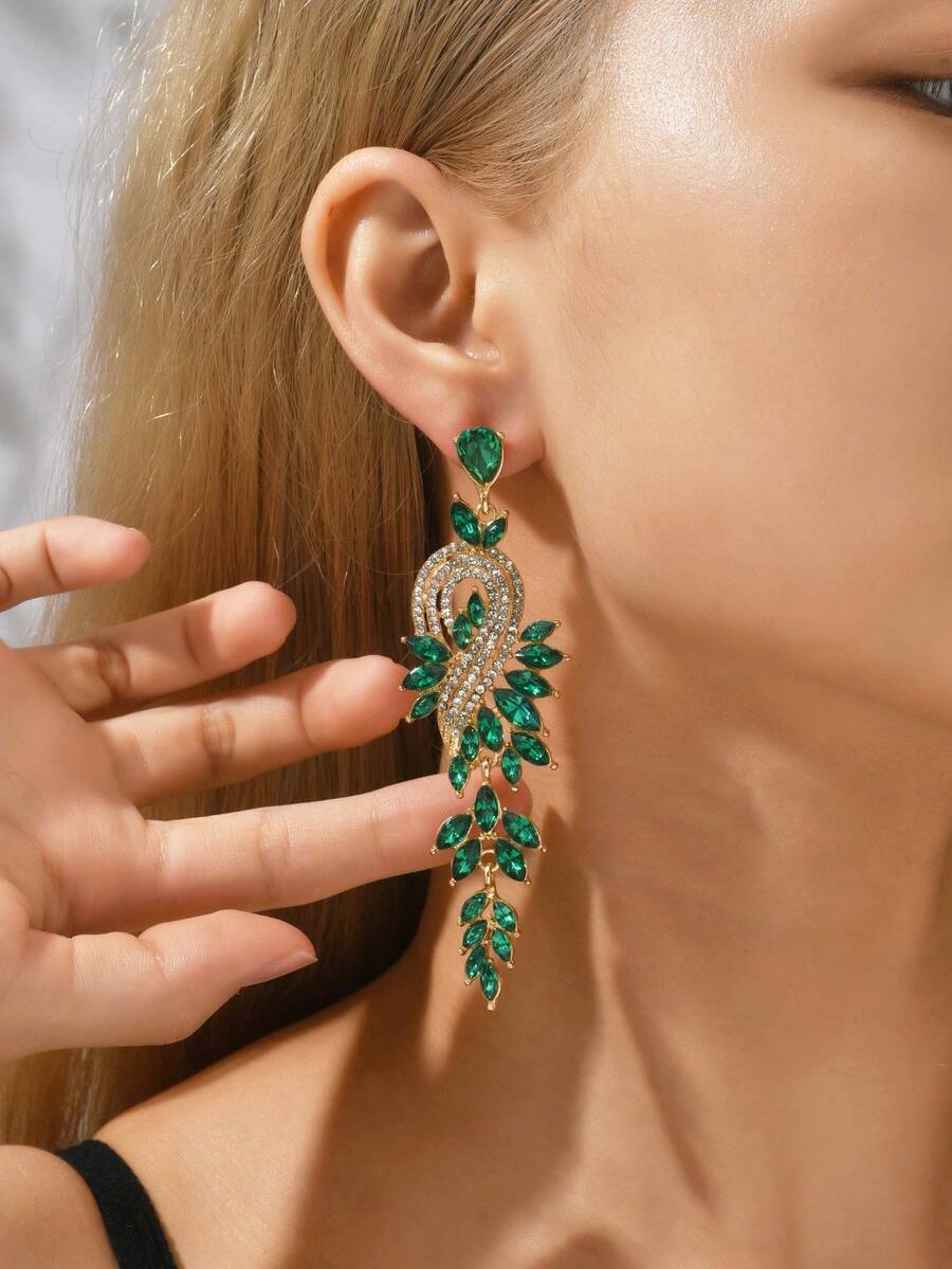 1 对优雅奢华水晶装饰吊坠耳环，适合女性节日派对和日常佩戴 - 綠色 - 查看 1