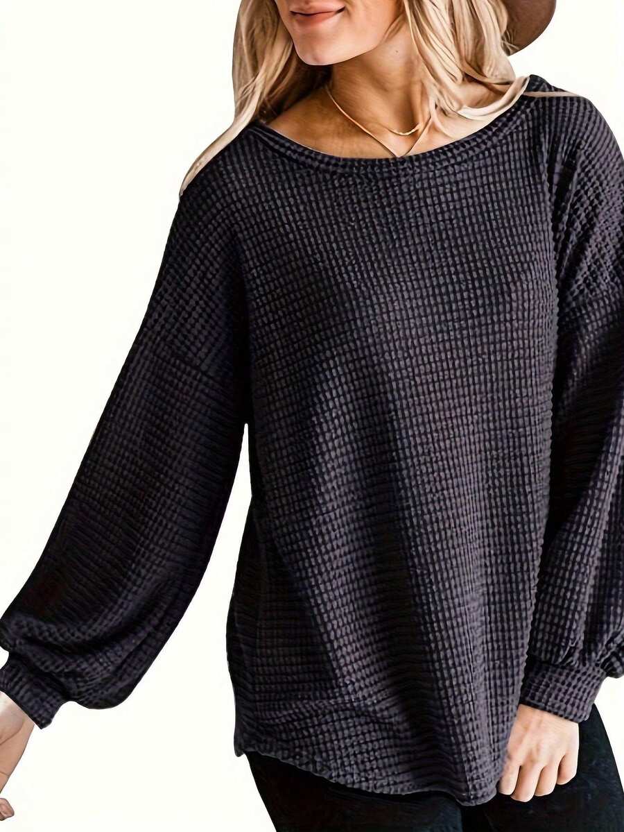 Plus Size Women Casual Round Neck Long Sleeve Loose Solid Blouse - Black - View 1