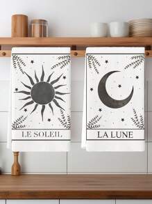 2 Pcs Black And White Sun Moon Stars Kitchen Towels Leaves Dish Towels Cooking Hand Tea Towels 15.7X23.6Inch - Black - View 1