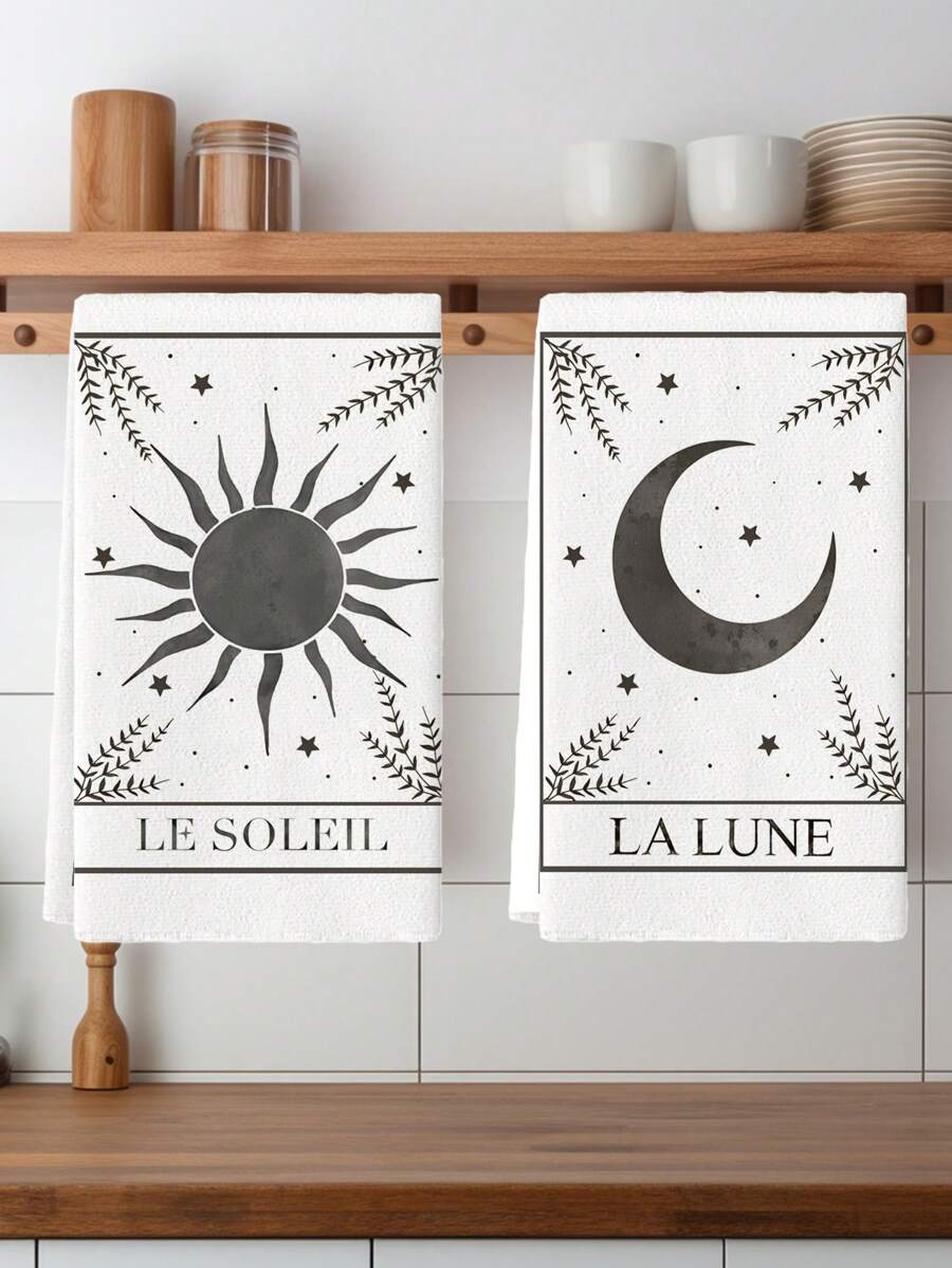 2 Pcs Black And White Sun Moon Stars Kitchen Towels Leaves Dish Towels Cooking Hand Tea Towels 15.7X23.6Inch - Black - View 1