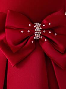 年轻女孩勃艮第无袖公主裙、婚礼花童生日派对钢琴演奏圣诞节节日迷你礼服 - 酒紅色 - 查看 5