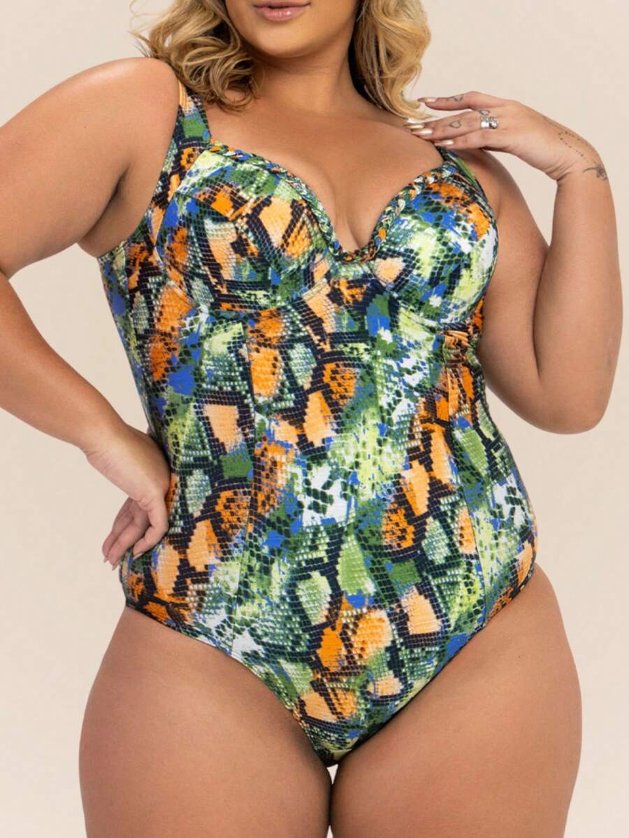 Plus Size Printed Swimsuit With Padded Cups, Zero Belly Model, With Just The Right Compression - tắc kè hoa - Xem 1