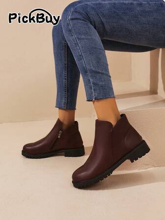 PickBuy Women's New Wine Red Side Zipper Round Toe Mid-Heel Fleece Winter Ankle Boots Suitable For Daily Commute Flat Shoes