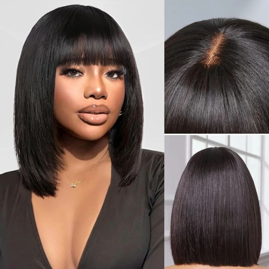 Fulgent Sun Hair Short Black Bob Wig With Bangs 180% Density Middle Part 2x1 Lace Wig Straight Short Bob Wig Human Hair Natural Human Hair Wigs - Natural Black - 查看 1