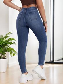 Skinny Jeans For Women For Everyday Casual Wear, Stretchy Skinny Blue Jeans, Dress Comfortably And Stylishly, Skinny Denim Jeans, Butt Lifting Effect, Multi-Button Design, Cat Whisker Print Skinny Jeans For Everyday Wear - 深色水洗藍 - 查看 2