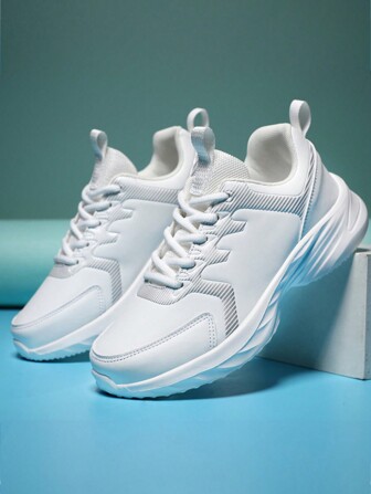 Women Sports Running Shoes, Solid Color Lace-Up Casual Sneakers, Non-Slip Soft Sole Walking Shoes, Leather Upper Waterproof Lace-Up Casual Trainers, Lightweight Comfortable Outdoor Travel Walking Sports Shoes