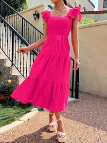 Vestido línea A unicolor Elegante Para Mujer Con Hombros Descubiertos Y Corte Ajustado bajo con fruncido - Rosa Fucsia - Ver 5