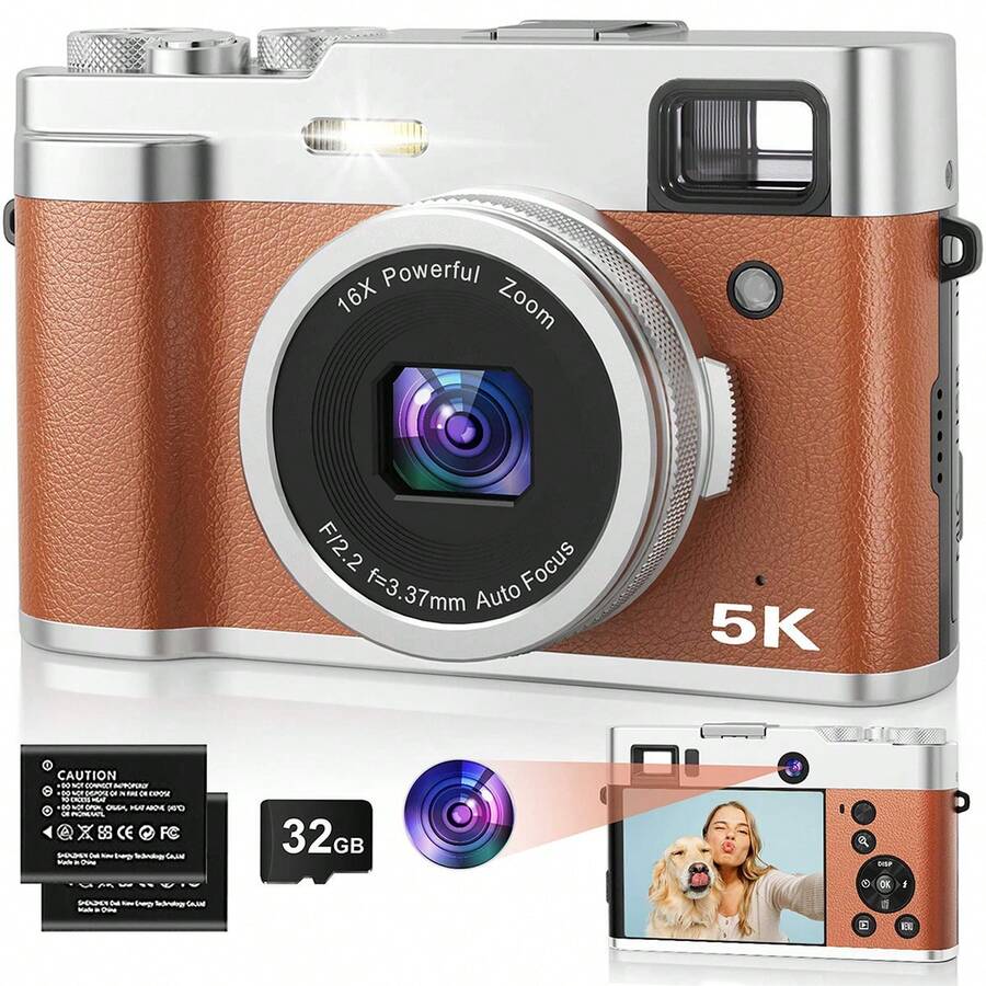 Nicamery 5K 数码相机，带自动对焦、WiFi、48MP、视频博客相机、16 倍数码变焦、包括 32GB 存储卡和 2 块电池、紧凑型傻瓜旅行相机、礼物 - 棕色 - 查看 1