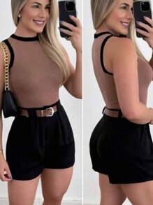 Shorts Set, With Side Pockets, With Zipper, Comes With Adjustable Belt + Cropped Top - Rust Brown - View 2