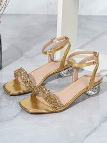 Spring/Summer Women's Crystal Embellished Ankle Strap High Heel Sandals With Glass Rhinestones, Suitable For Outings And Formal Events - Gold - View 7