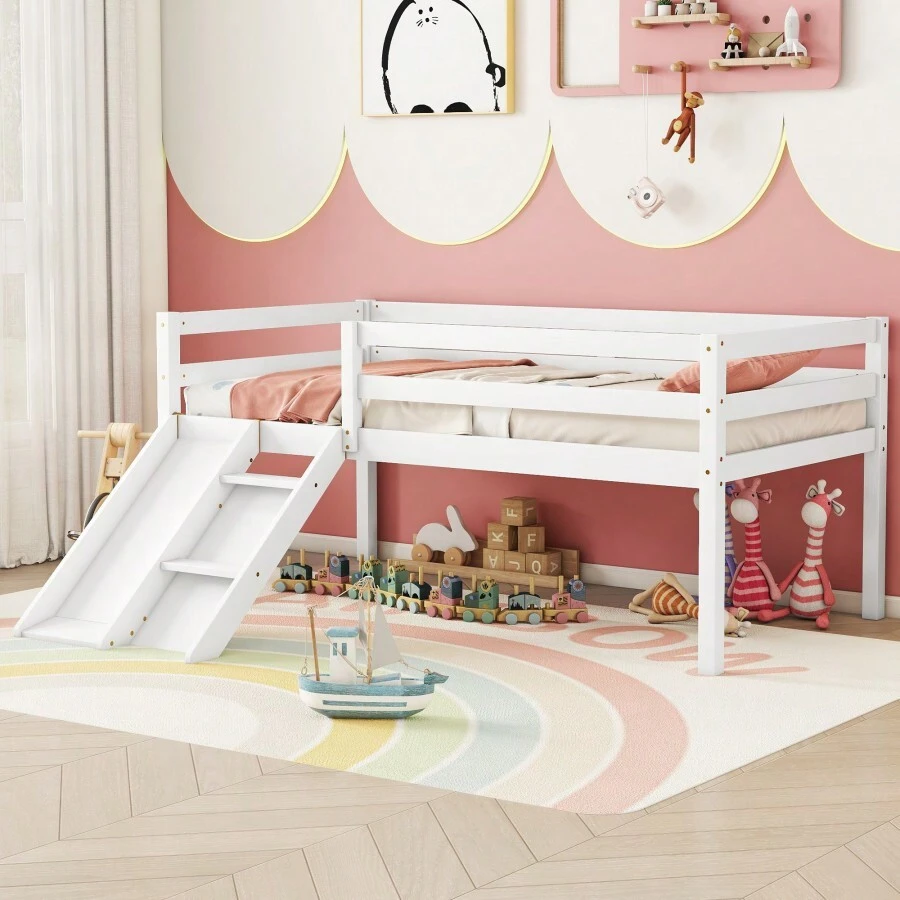 Twin Low Loft Bed With Slide, Ladder, Safety Guardrails, No Box Spring Needed, White