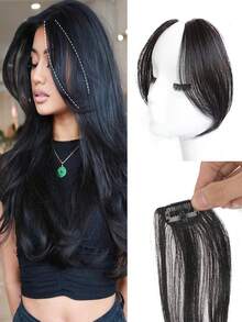 2pcs Middle-Part Bangs Hair Extensions Black Hair Clip In Forehead Hair Extensions Synthetic Natural Invisible Seamless French Side Bangs Hairpieces - Black - View 2