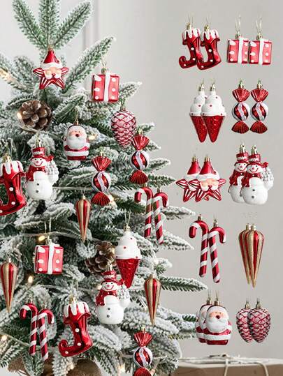 2pcs Christmas Decorations, Christmas Tree Ornaments, Candy Cane, Snowman, Tree Accessories, Holiday Party Decor, Suitable For Wedding, Party, Bar, Family Gathering, Red, Gift For Friends,Christmas